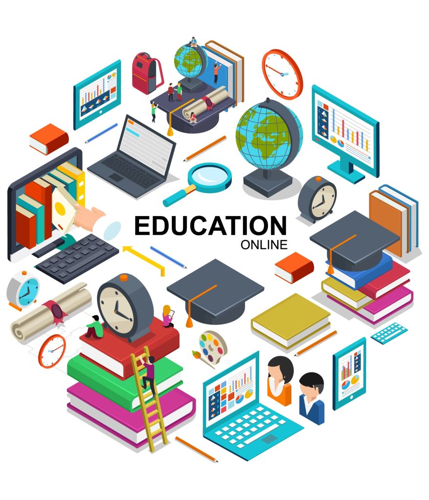 Isometric online education round concept with devices for online training graduation cap students books magnifier alarm clock backpack certificate pencil vector illustration