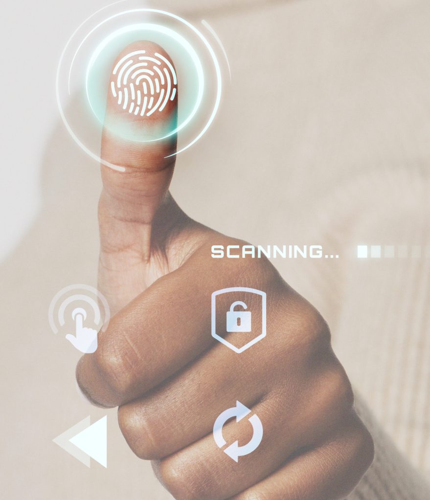 Woman scanning fingerprint with futuristic interface smart technology